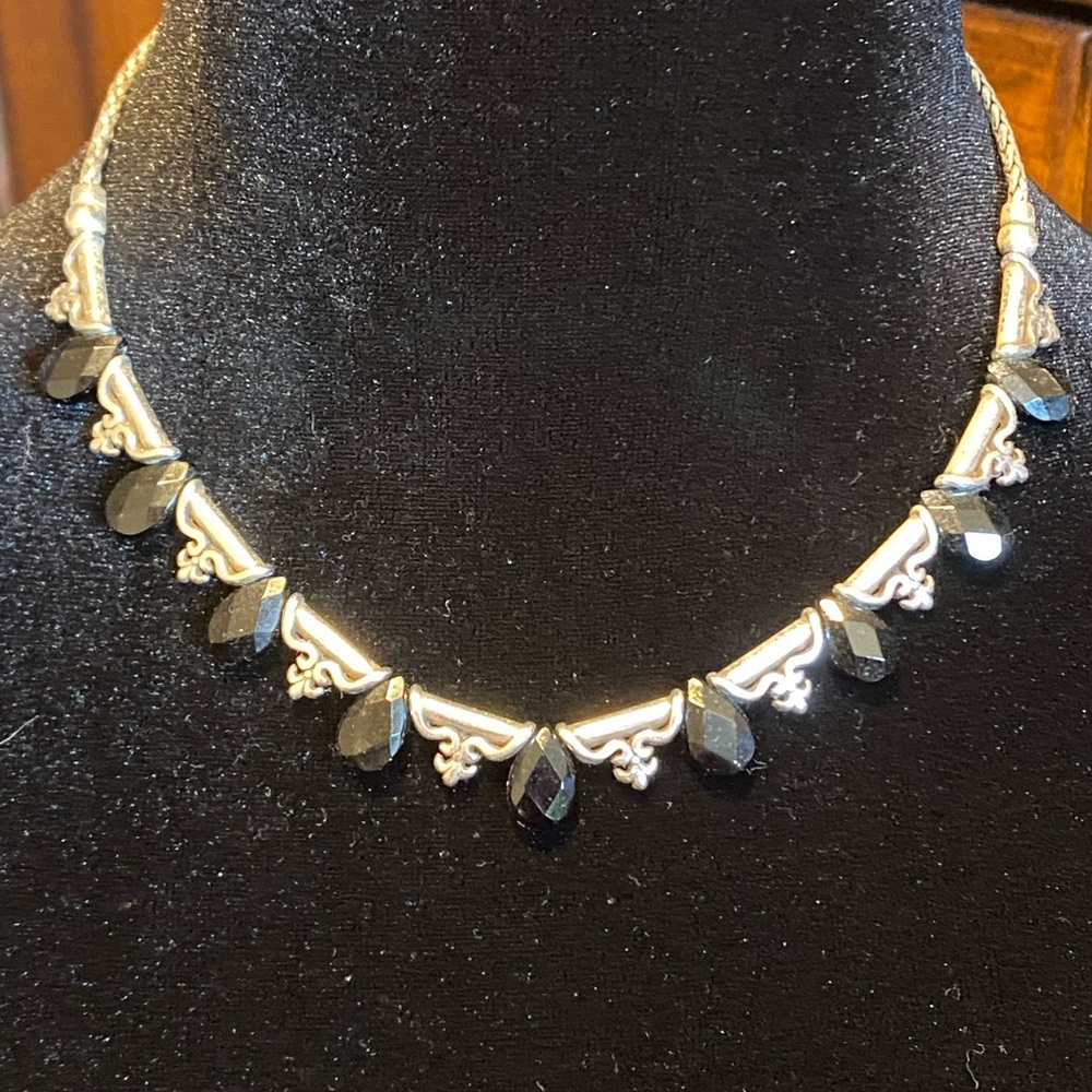 Brighton St. Germain Black Teardrop Crystal Silver Bar Necklace